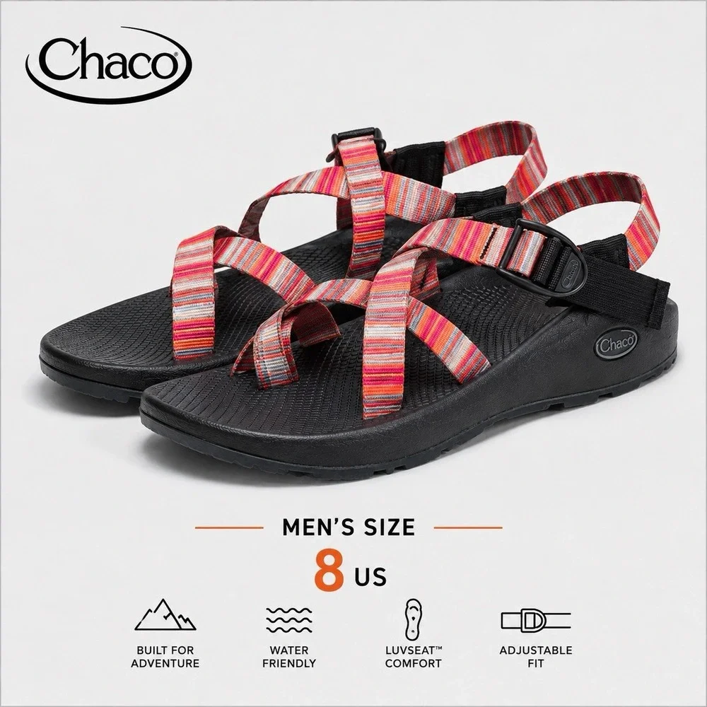 Chaco Z/Cloud Sport Sandals Men's Size 8 Coral Striped Hiking Comfort Outdoor